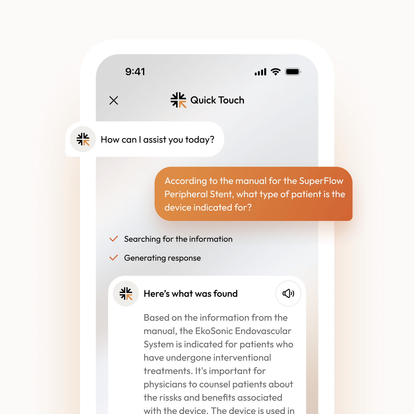 QuickTouch mobile app showing AI assistant answering a question about a medical device.