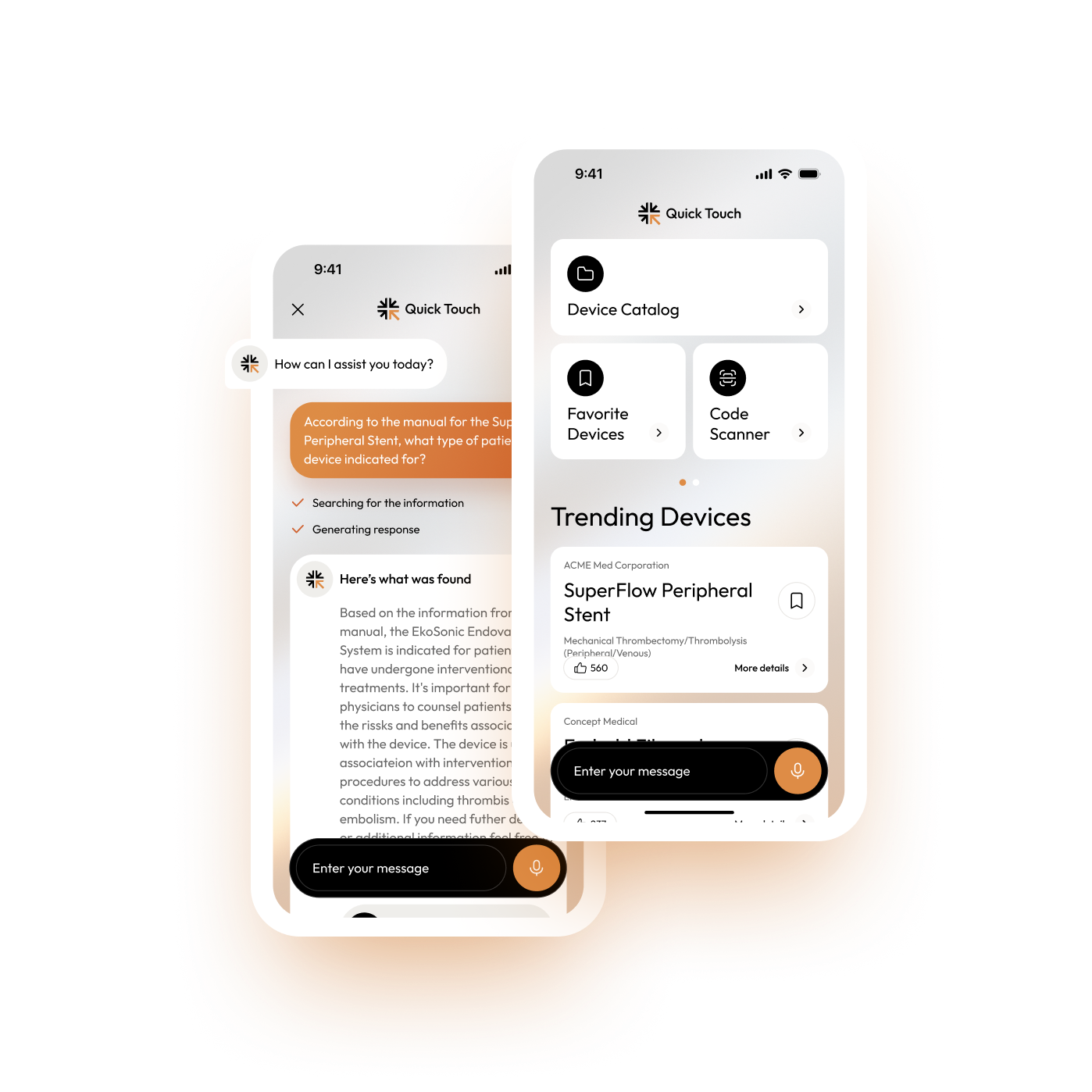 QuickTouch app showing AI assistant and device catalog