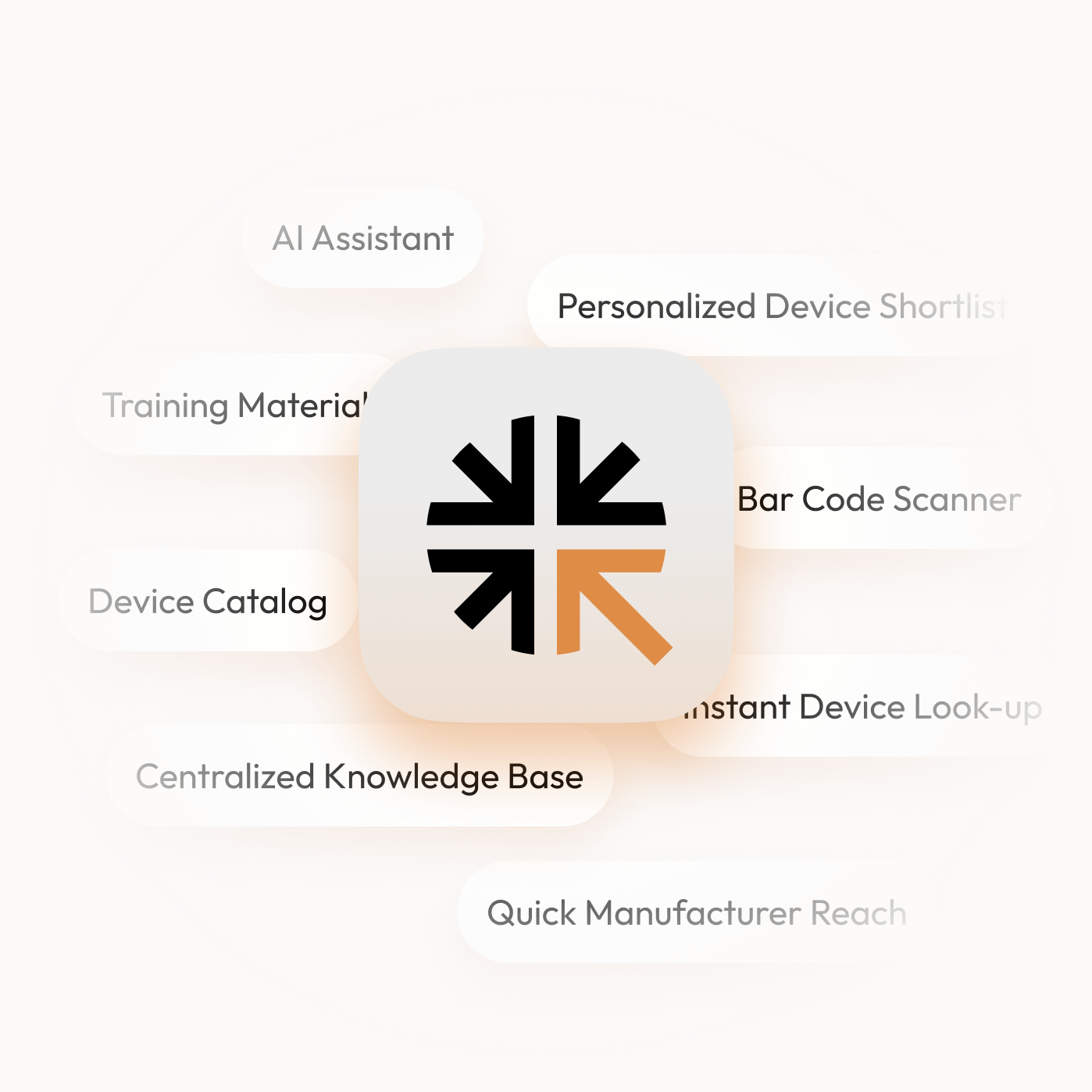 QuickTouch features for healthcare professionals, including AI Assistant, Device Catalog, and Bar Code Scanner.